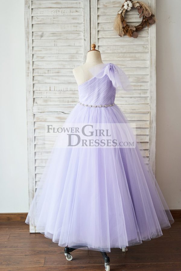 Ball Gown One Shoulder Beaded Lavender Tulle Wedding Flower Girl Dress - Image 2