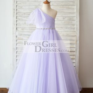Ball Gown One Shoulder Beaded Lavender Tulle Wedding Flower Girl Dress