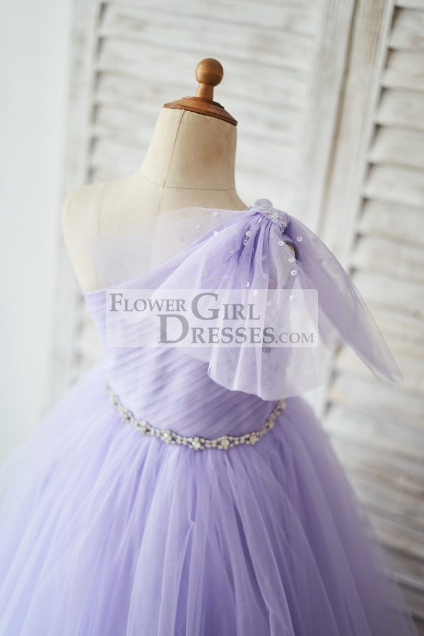 Ball Gown One Shoulder Beaded Lavender Tulle Wedding Flower Girl Dress - Image 4