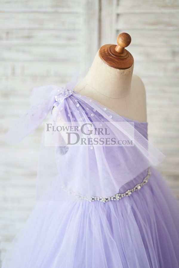 Ball Gown One Shoulder Beaded Lavender Tulle Wedding Flower Girl Dress - Image 3