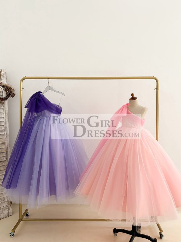 One Shoulder Draping Pink Tulle Wedding Flower Girl Dress Birthday Party - Image 3