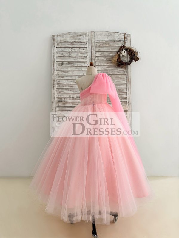One Shoulder Draping Pink Tulle Wedding Flower Girl Dress Birthday Party - Image 2