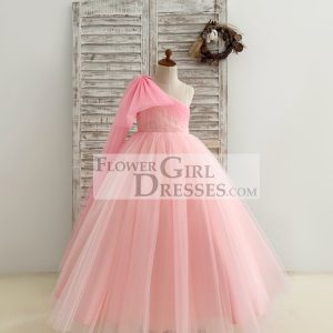One Shoulder Draping Pink Tulle Wedding Flower Girl Dress Birthday Party