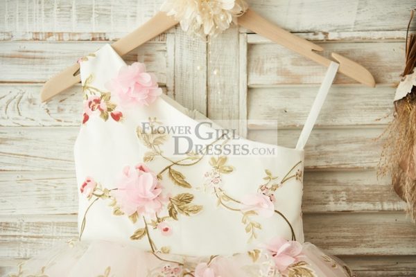 One Shoulder Floral Organza Pink Tulle Cupcake Wedding Flower Girl Dress - Image 3