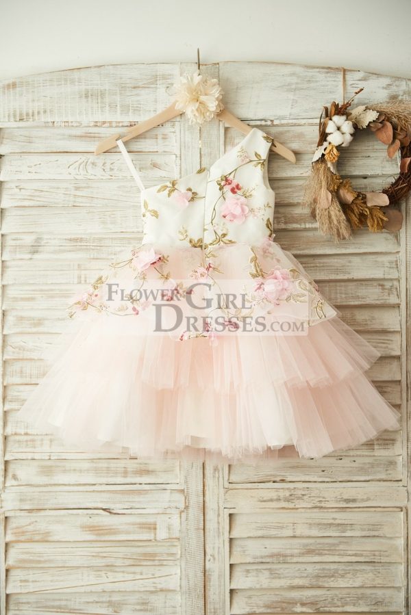 One Shoulder Floral Organza Pink Tulle Cupcake Wedding Flower Girl Dress - Image 2
