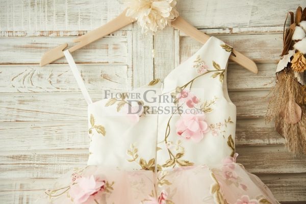 One Shoulder Floral Organza Pink Tulle Cupcake Wedding Flower Girl Dress - Image 4