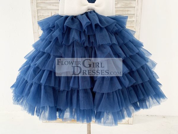 One Shoulder Navy Blue Cupcake Tulle Wedding Flower Girl Dress Kids Party Dress - Image 4
