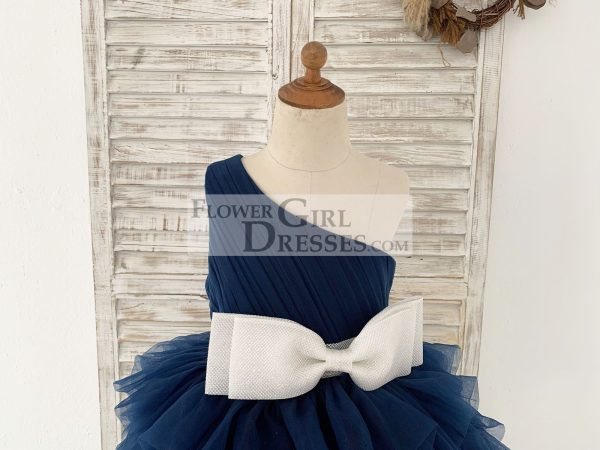 One Shoulder Navy Blue Cupcake Tulle Wedding Flower Girl Dress Kids Party Dress - Image 3