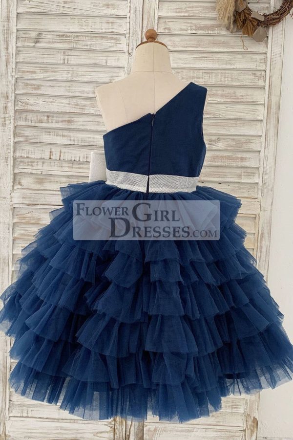 One Shoulder Navy Blue Cupcake Tulle Wedding Flower Girl Dress Kids Party Dress - Image 2