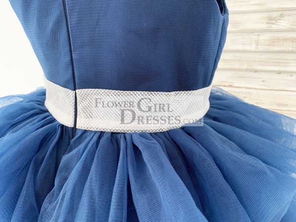 One Shoulder Navy Blue Cupcake Tulle Wedding Flower Girl Dress Kids Party Dress - Image 5