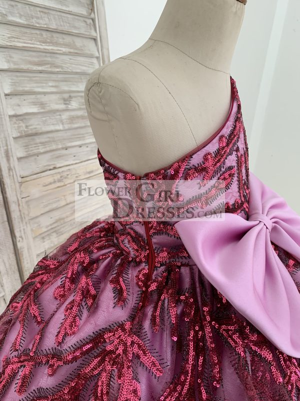 One Shoulder Single Sleeve Fuchsia Sequin Satin Wedding Flower Girl Dress - Image 7