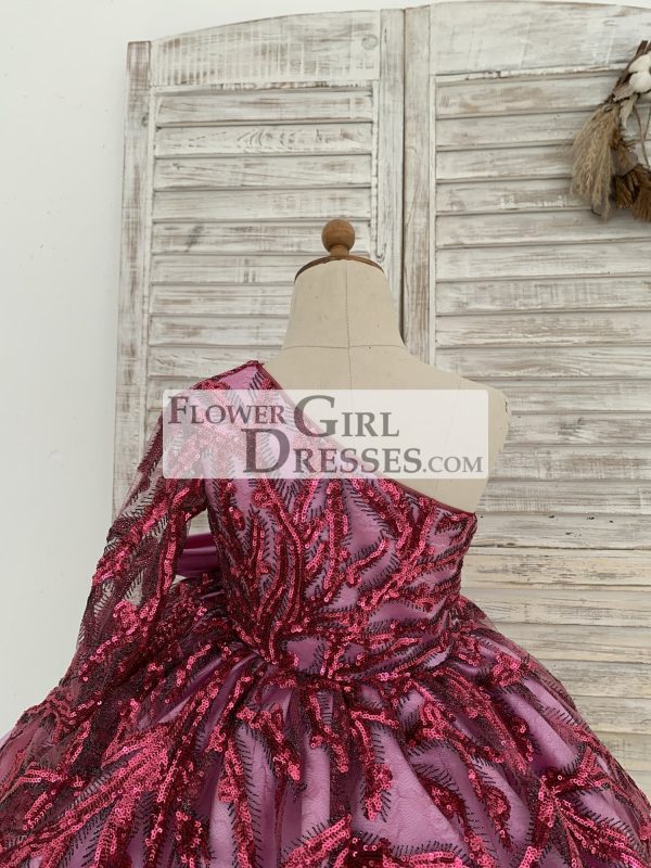 One Shoulder Single Sleeve Fuchsia Sequin Satin Wedding Flower Girl Dress - Image 6