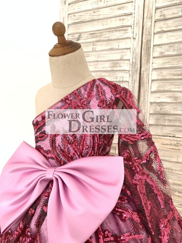 One Shoulder Single Sleeve Fuchsia Sequin Satin Wedding Flower Girl Dress - Image 4