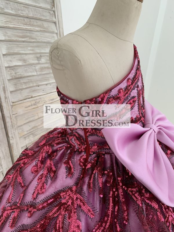 One Shoulder Single Sleeve Fuchsia Sequin Satin Wedding Flower Girl Dress - Image 8