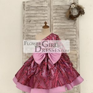 One Shoulder Single Sleeve Fuchsia Sequin Satin Wedding Flower Girl Dress