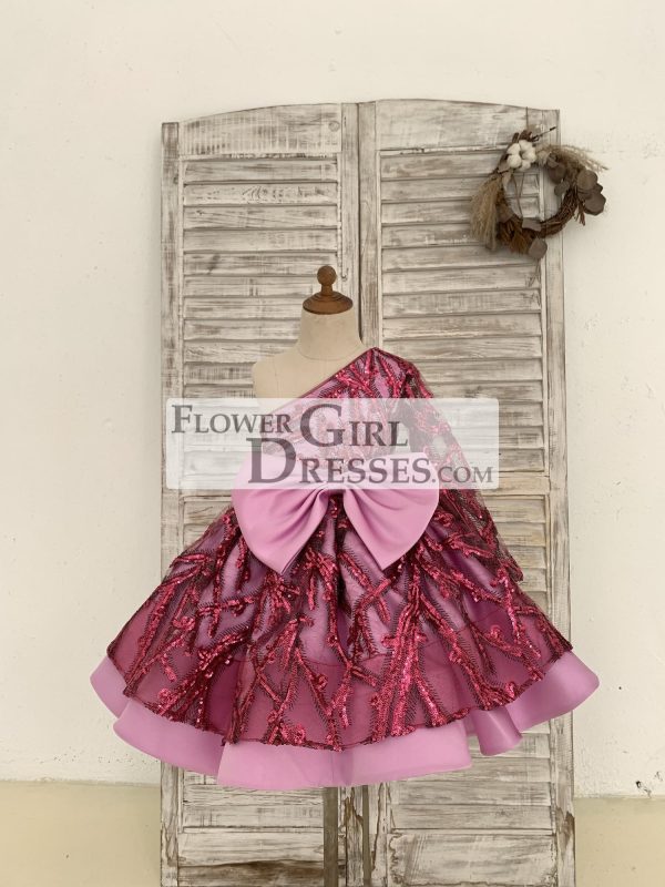 One Shoulder Single Sleeve Fuchsia Sequin Satin Wedding Flower Girl Dress
