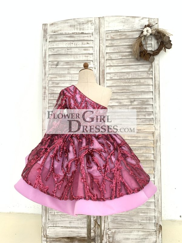 One Shoulder Single Sleeve Fuchsia Sequin Satin Wedding Flower Girl Dress - Image 2