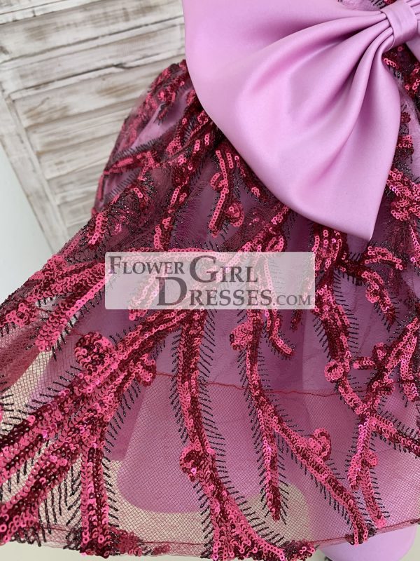 One Shoulder Single Sleeve Fuchsia Sequin Satin Wedding Flower Girl Dress - Image 5