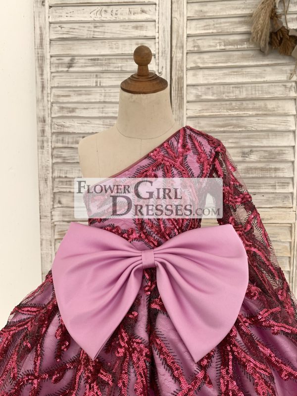 One Shoulder Single Sleeve Fuchsia Sequin Satin Wedding Flower Girl Dress - Image 3