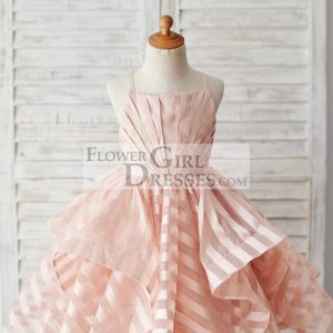 Peach Stripe Organza Spaghetti Straps Wedding Flower Girl Dress