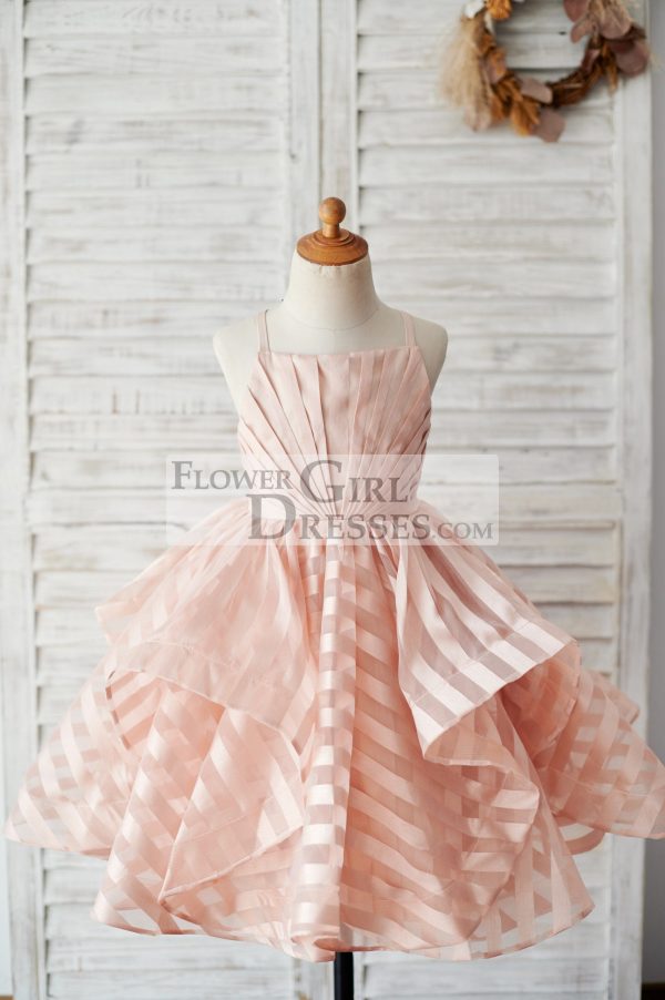 Peach Stripe Organza Spaghetti Straps Wedding Flower Girl Dress