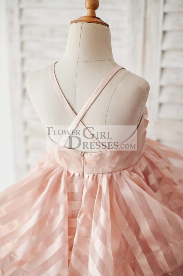 Peach Stripe Organza Spaghetti Straps Wedding Flower Girl Dress - Image 4