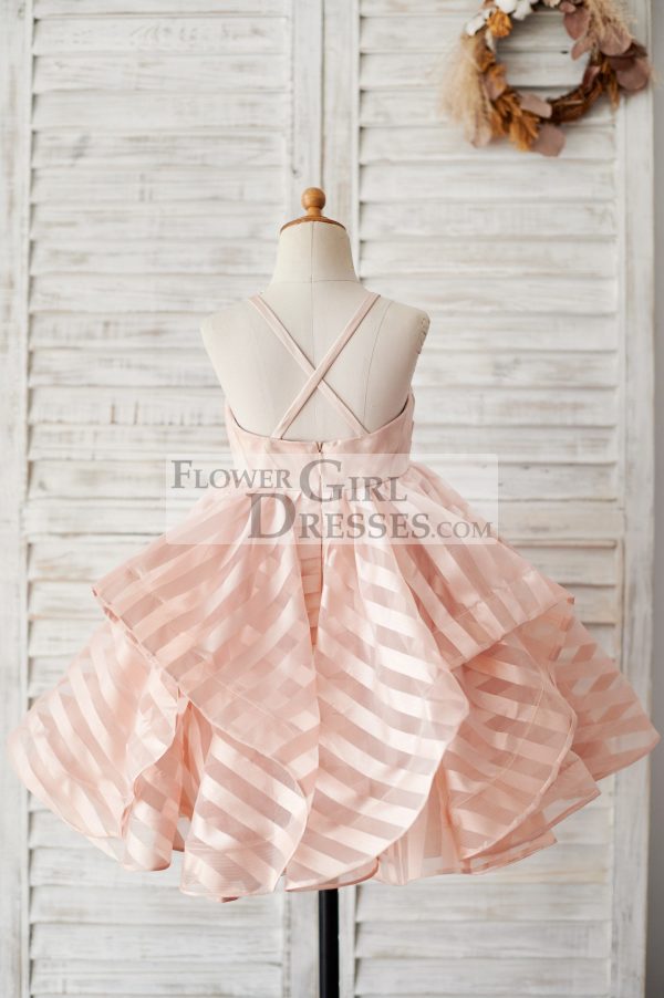 Peach Stripe Organza Spaghetti Straps Wedding Flower Girl Dress - Image 2