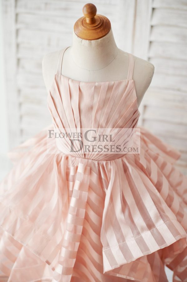 Peach Stripe Organza Spaghetti Straps Wedding Flower Girl Dress - Image 3