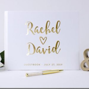 White Wedding Guest Book Personalized in Gold Foil Calligraphy