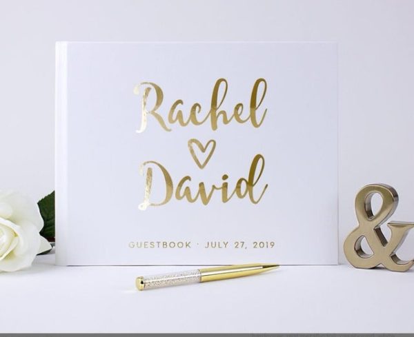 White Wedding Guest Book Personalized in Gold Foil Calligraphy