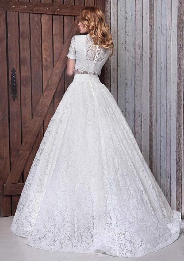 Two Piece Ball Gown Short Sleeve Floor Length Sweep Lace Wedding Dress - Image 2