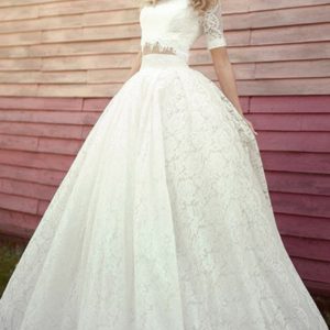 Two Piece Ball Gown Short Sleeve Floor Length Sweep Lace Wedding Dress