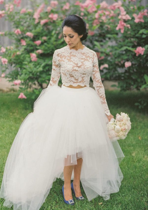 Two Piece Long Sleeve Ball Gown Lace Tulle High Low Wedding Dress - Image 3