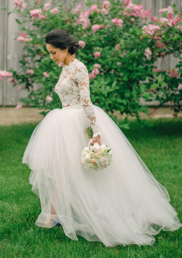 Two Piece Long Sleeve Ball Gown Lace Tulle High Low Wedding Dress - Image 4