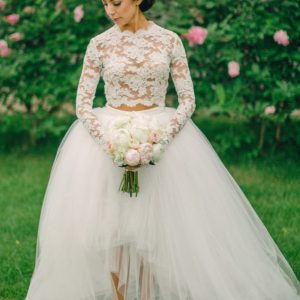 Two Piece Long Sleeve Ball Gown Lace Tulle High Low Wedding Dress