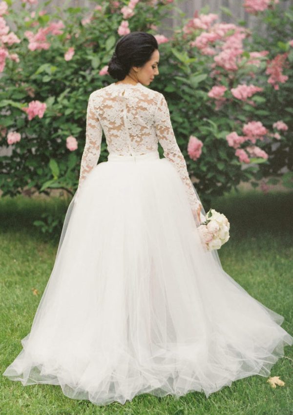 Two Piece Long Sleeve Ball Gown Lace Tulle High Low Wedding Dress - Image 2