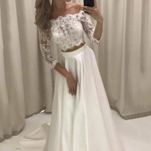 Two Piece Off Shoulder 3/4 Sleeve Lace Satin Bridal Dress