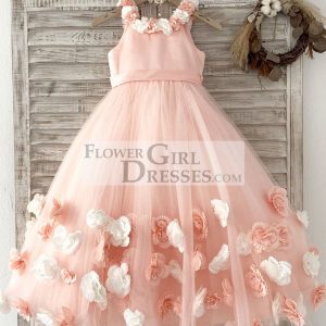 Ball Gown Blush 3D Flowers Tulle Wedding Flower Girl Dress Kids Party Dress