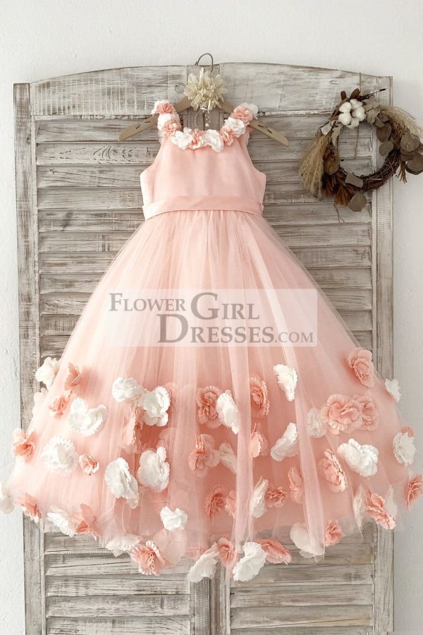 Ball Gown Blush 3D Flowers Tulle Wedding Flower Girl Dress Kids Party Dress