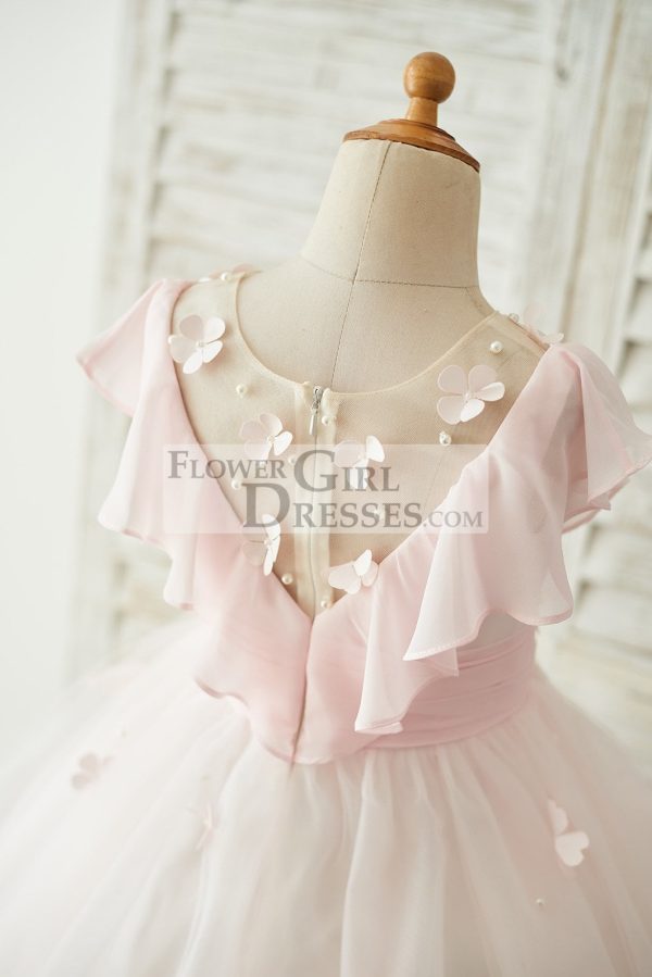 Pink Chiffon Tulle Sheer Neck Wedding Flower Girl Dress, Flowers - Image 4