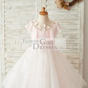 Pink Chiffon Tulle Sheer Neck Wedding Flower Girl Dress, Flowers