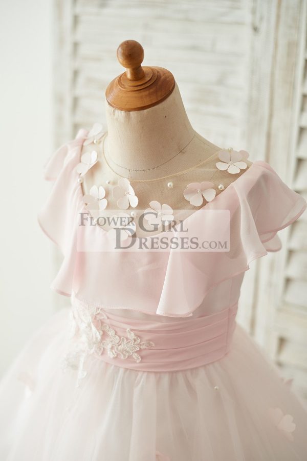 Pink Chiffon Tulle Sheer Neck Wedding Flower Girl Dress, Flowers - Image 3