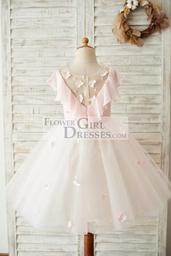 Pink Chiffon Tulle Sheer Neck Wedding Flower Girl Dress, Flowers - Image 2