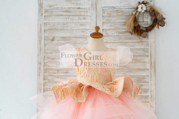 Pink Jacquard Hi Low Tulle Wedding Flower Girl Dress Kids Party Dress - Image 3