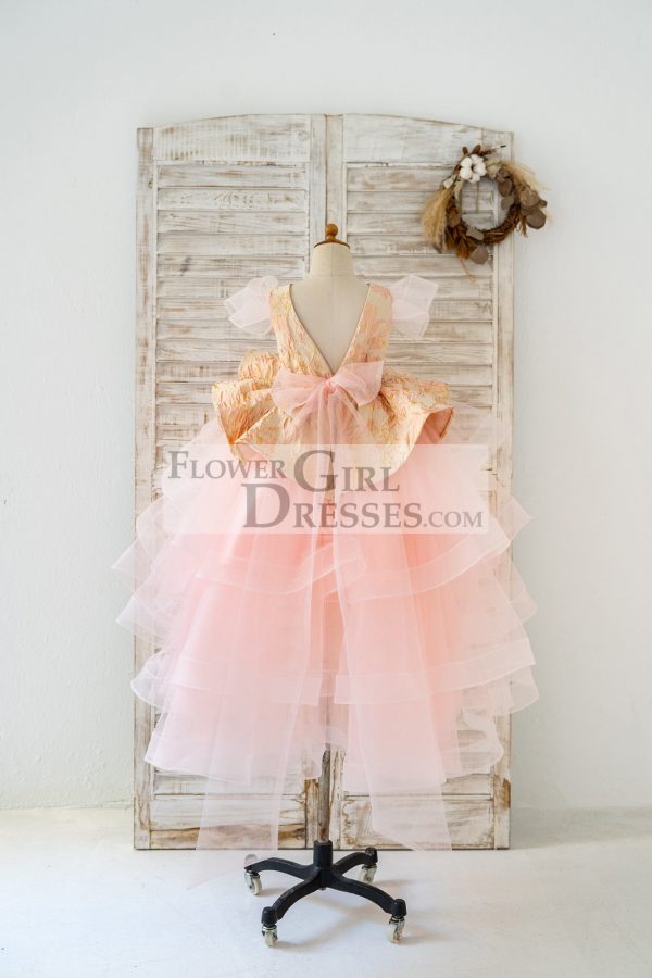 Pink Jacquard Hi Low Tulle Wedding Flower Girl Dress Kids Party Dress - Image 2