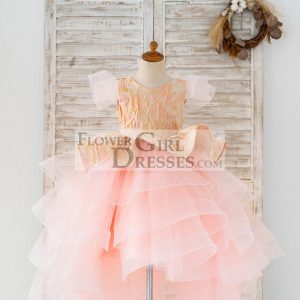 Pink Jacquard Hi Low Tulle Wedding Flower Girl Dress Kids Party Dress