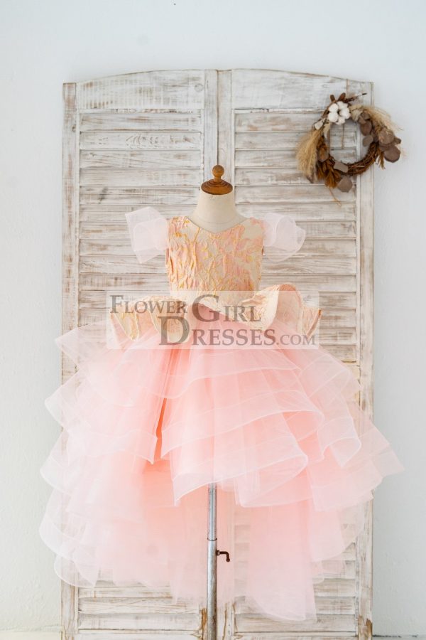 Pink Jacquard Hi Low Tulle Wedding Flower Girl Dress Kids Party Dress