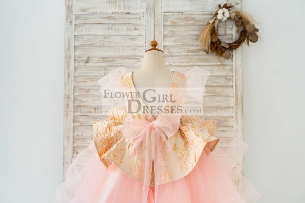 Pink Jacquard Hi Low Tulle Wedding Flower Girl Dress Kids Party Dress - Image 5