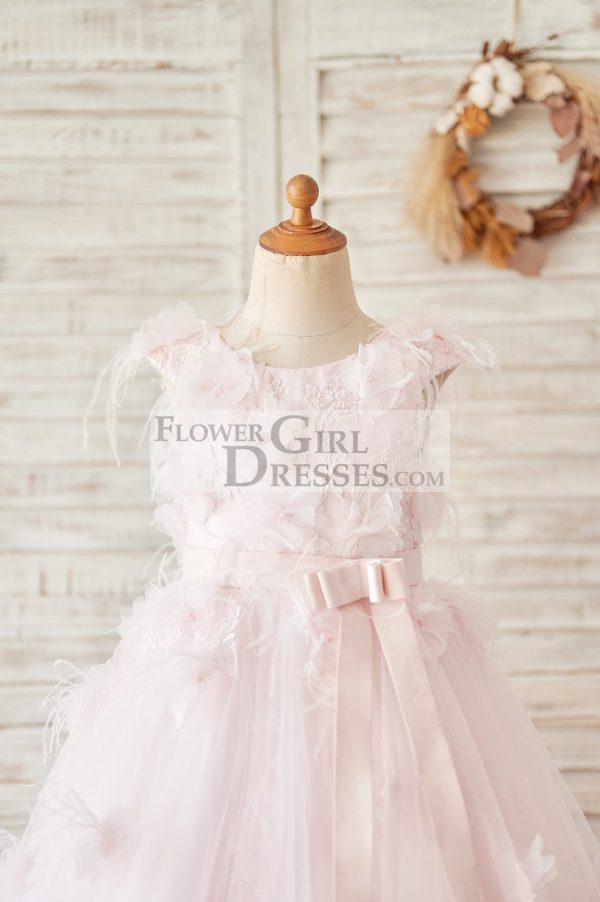 Pink Lace Tulle V Back Wedding Flower Girl Dress, Feather - Image 3