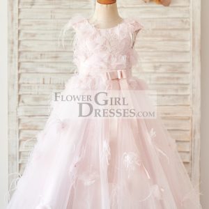 Pink Lace Tulle V Back Wedding Flower Girl Dress, Feather